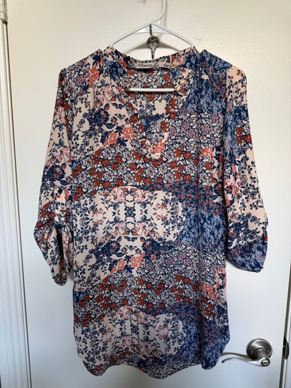 Liberty Love Floral Patchwork V-Neck Tunic in Navy, Rust & Cream